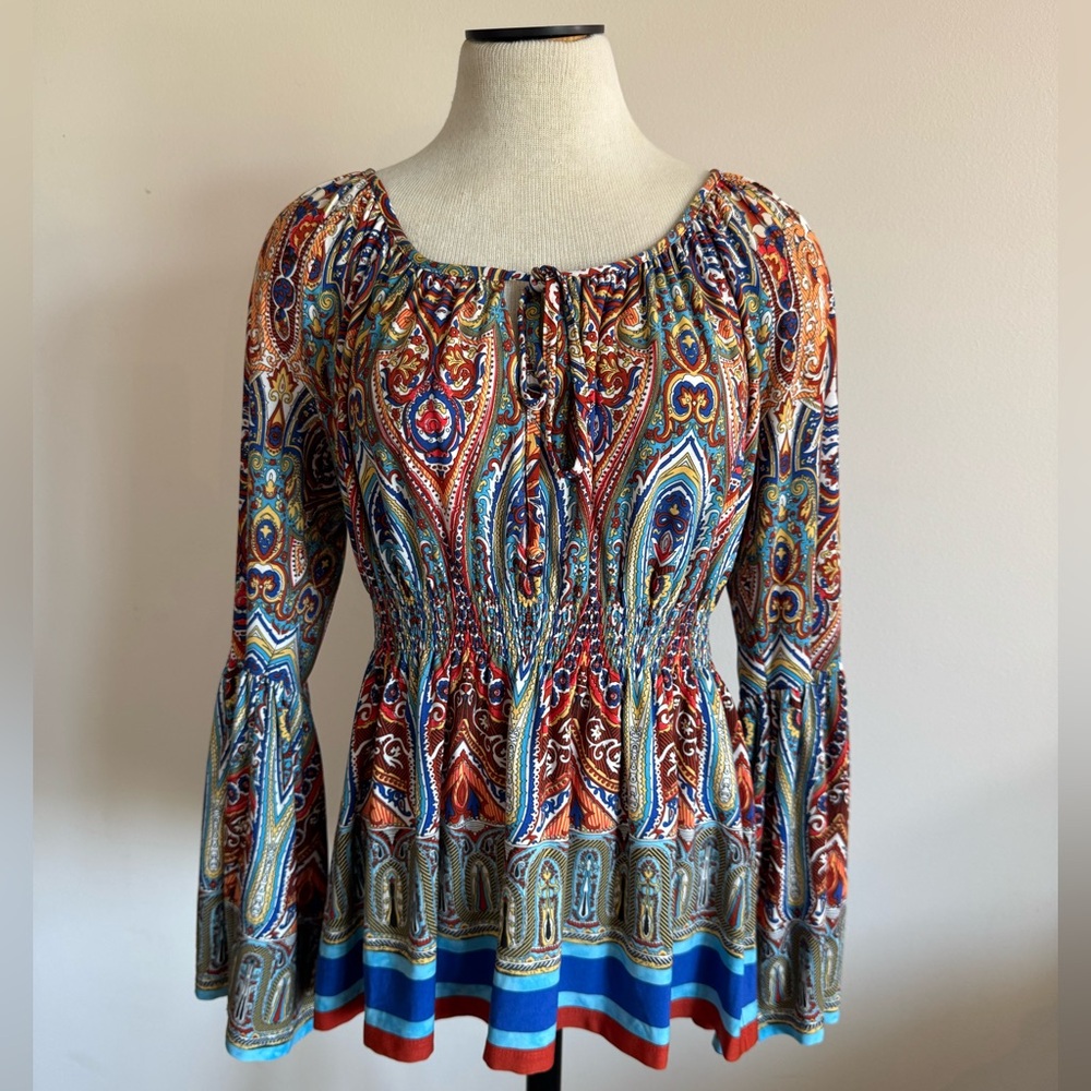 BOSTON PROPER Multi Colour Summer Flowy Long Sleeve Blouse Top Flare Large NWOT
